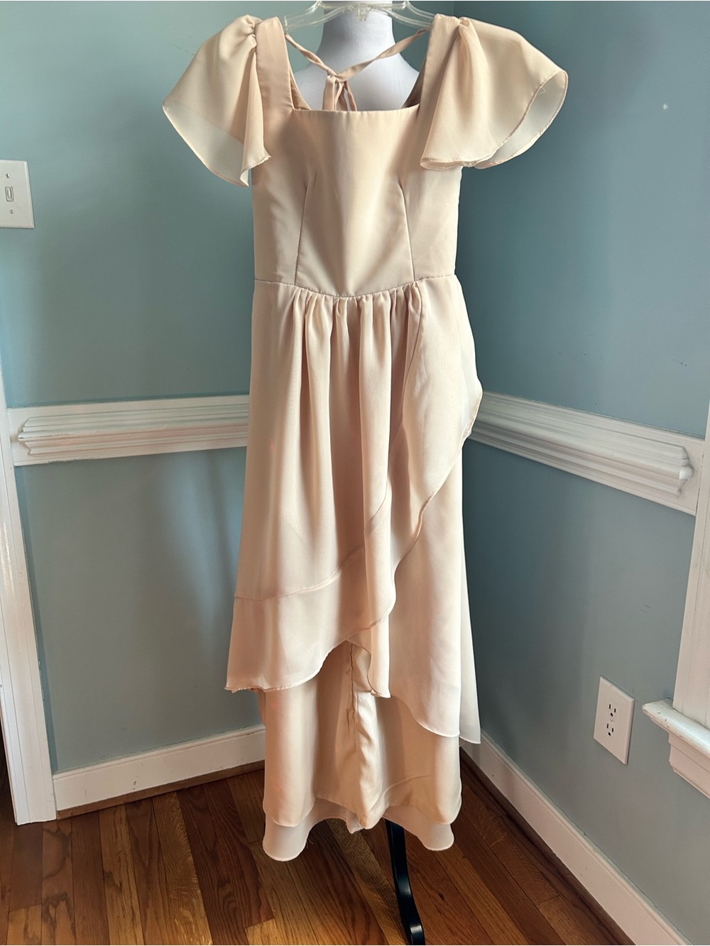 Beige jr bridesmaid Flutter Sleeve hi-low Dress size 12